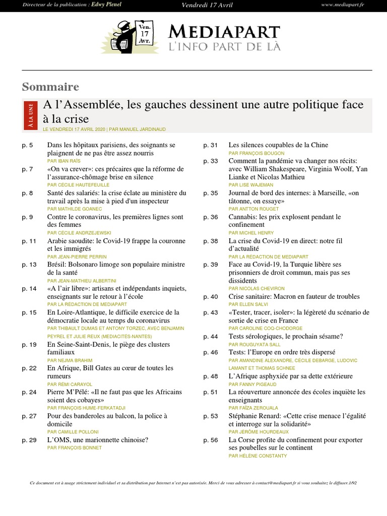 Journal MEDIAPART Du Vendredi 17 Avril 2020, PDF, Repas