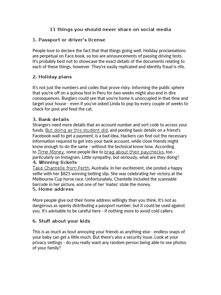 11 Things You Should Never Share On Social Media | PDF | Facebook ...
