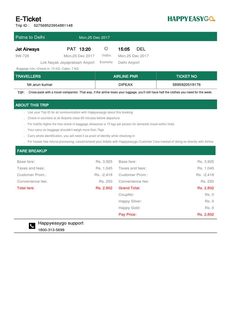 Patna to Delhi E-Ticket Details | PDF | Baggage | Airlines