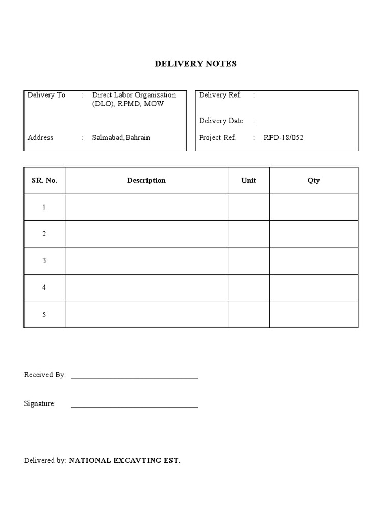 Delivery Notes for DLO Project RPD-18/052 | PDF