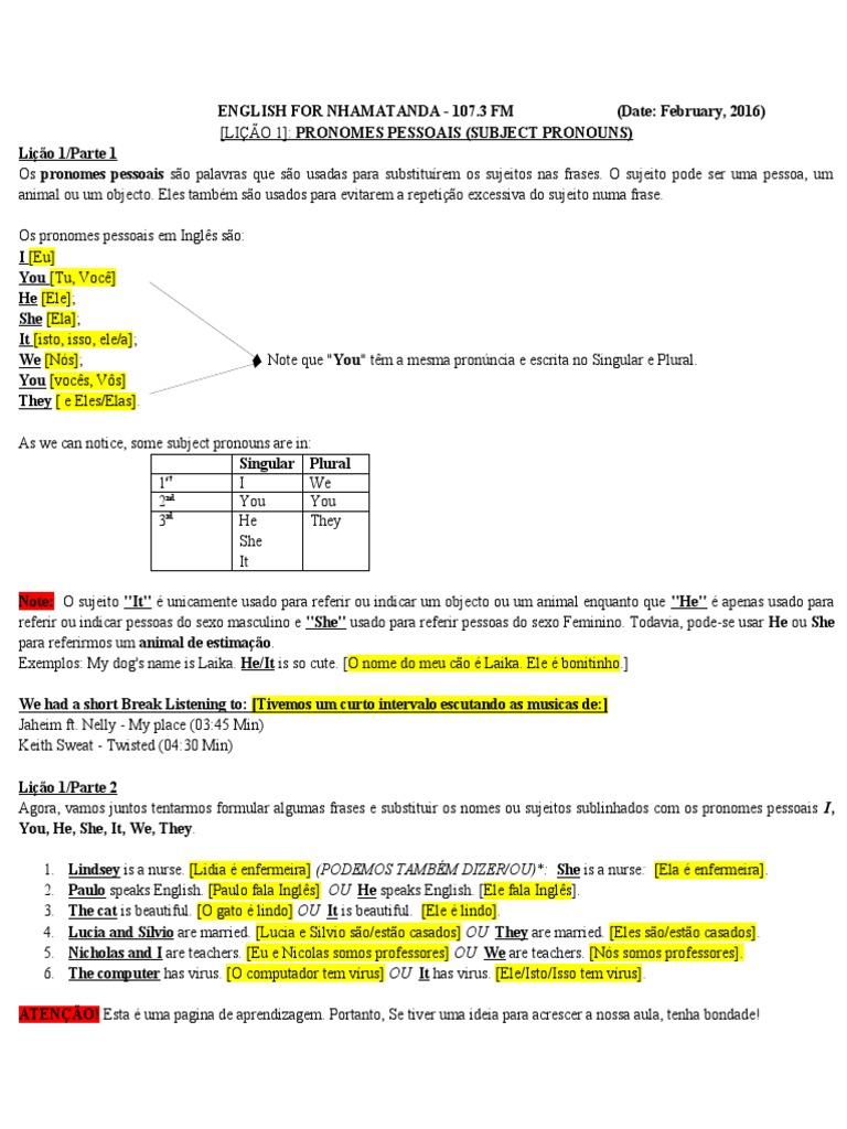 Lesson 1 - Subject - Pronouns - Portugues | Download grátis PDF ...