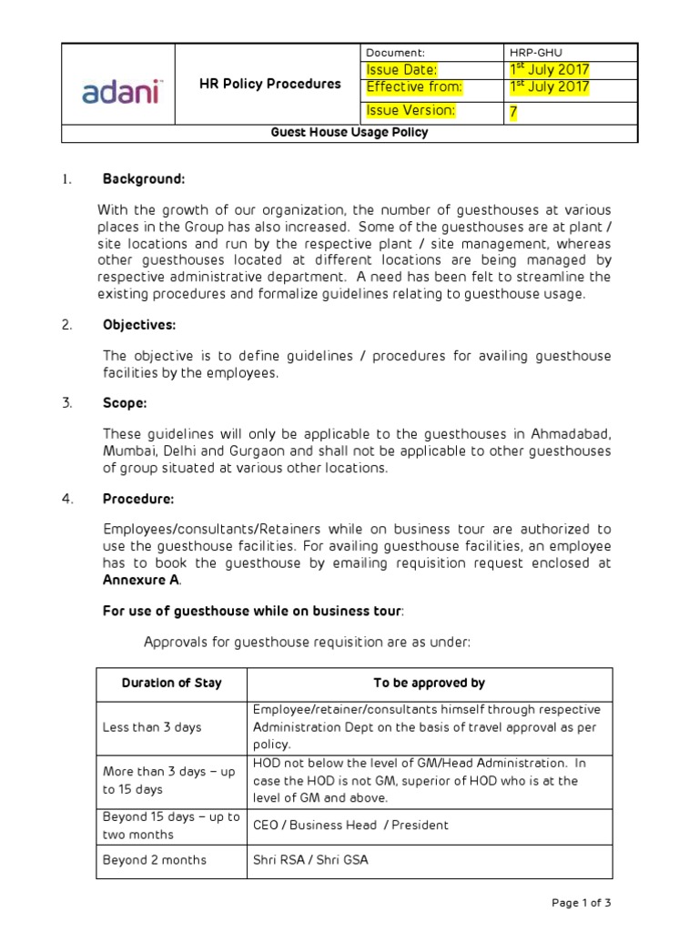 Guesthouse Usage Policy - 2017 PDF | PDF | Government | Hotel And ...