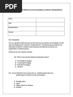 Questionnaire On Influence of Role of Packaging On Consumer