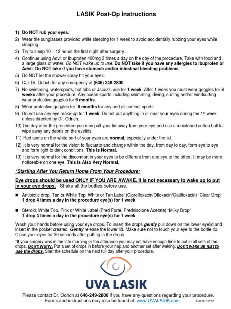 LASIK PostOp Instructions Starting After You Return Home From Your