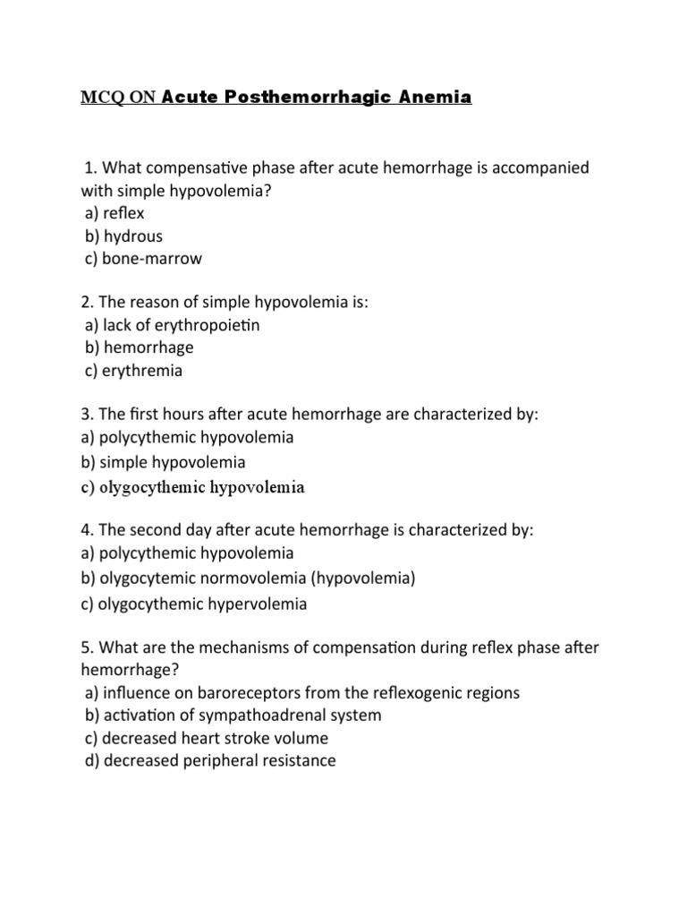 MCQ ON Acute Posthemorrhagic Anemia PDF Coagulation Bleeding