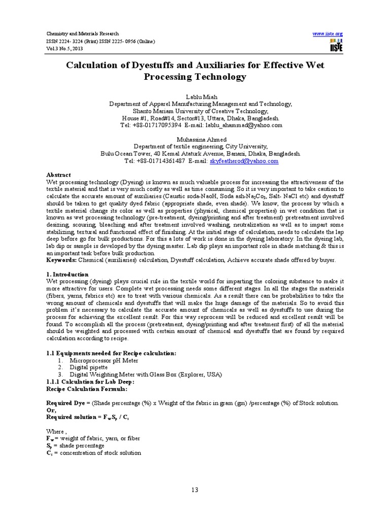 Dyeing Calculation Pdf Dye Dyeing