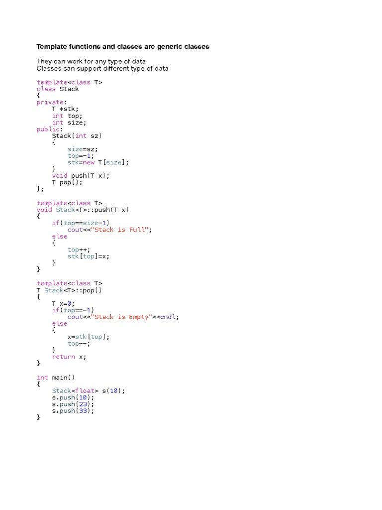 Generic Stack Class Template in C++ | PDF