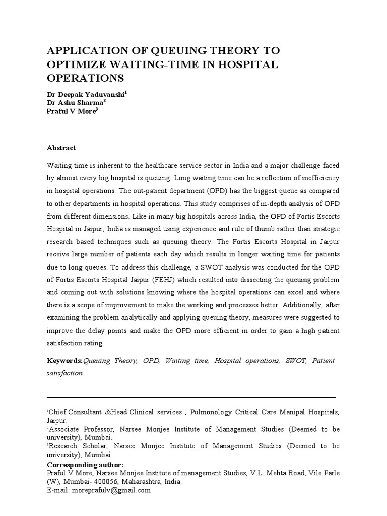 Application of Queuing Theory To Optimize Waiting-Time in Hospital ...
