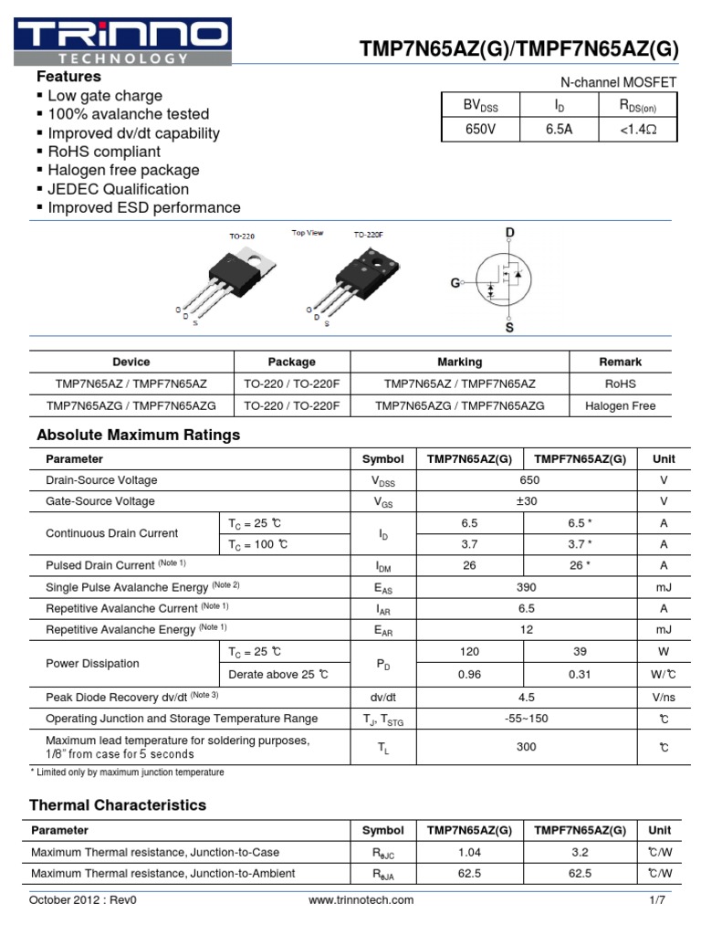 650V, 6.5A N-Channel MOSFET Data Sheet: TMP7N65AZ(G)/TMPF7N65AZ(G ...