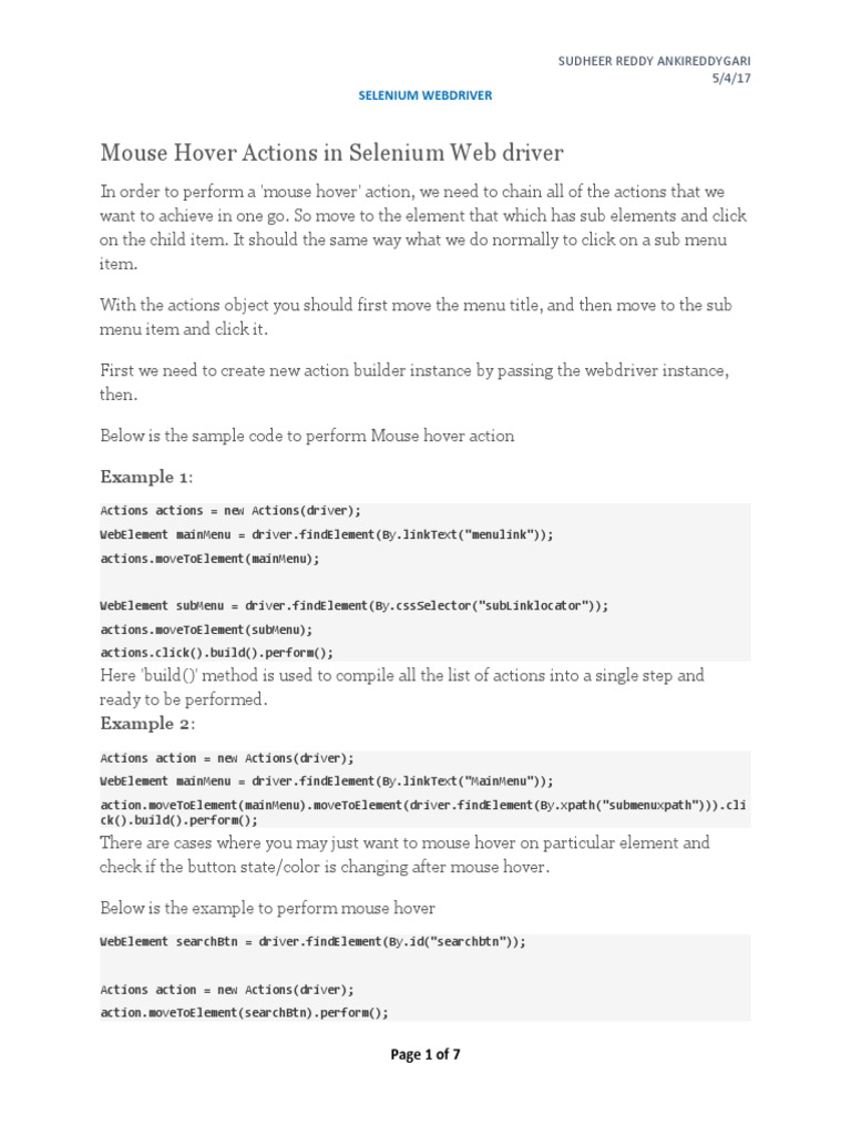 Mouse Hover Actions in Selenium  Driver Example 1 PDF