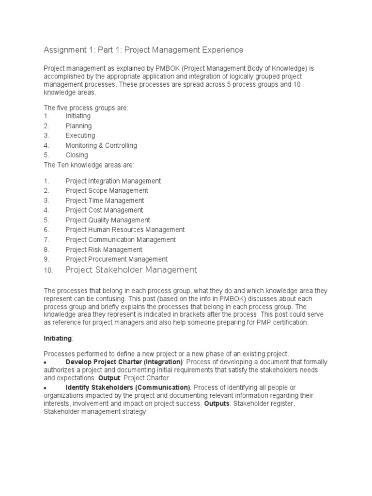 Assignment 1 Part 1 Project Management Experience Pdf Project
