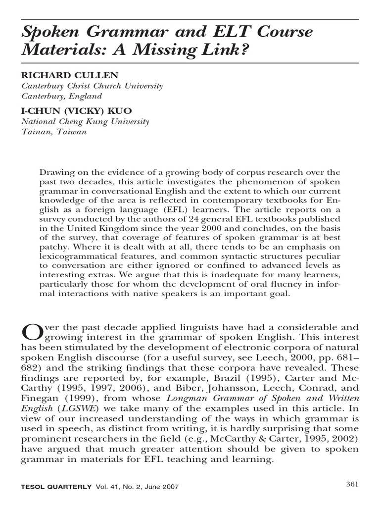 Spoken Grammar in EFL Textbooks | PDF | English As A Second Or Foreign ...