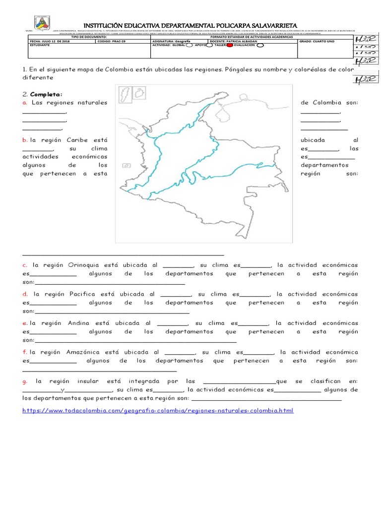 TALLER - Geografia - 3P - Regiones Naturales de Colombia | PDF ...