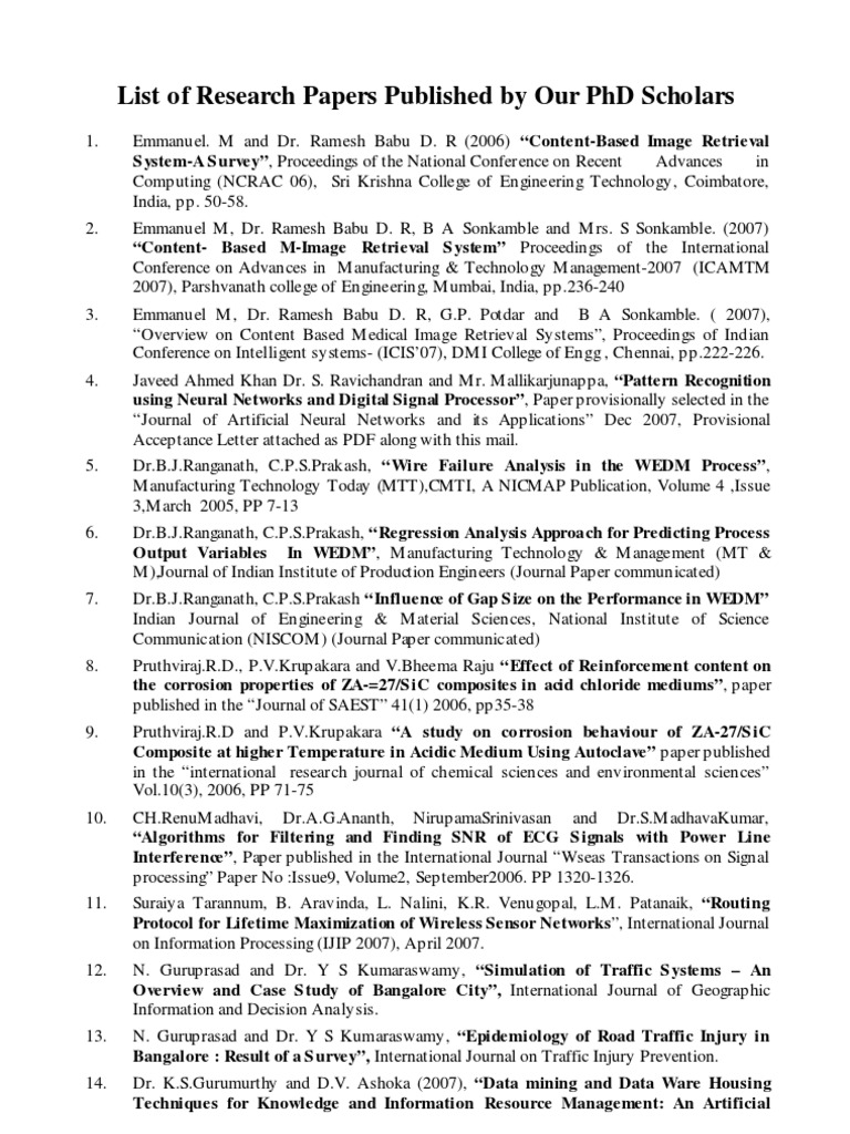 List Of Published Research Papers