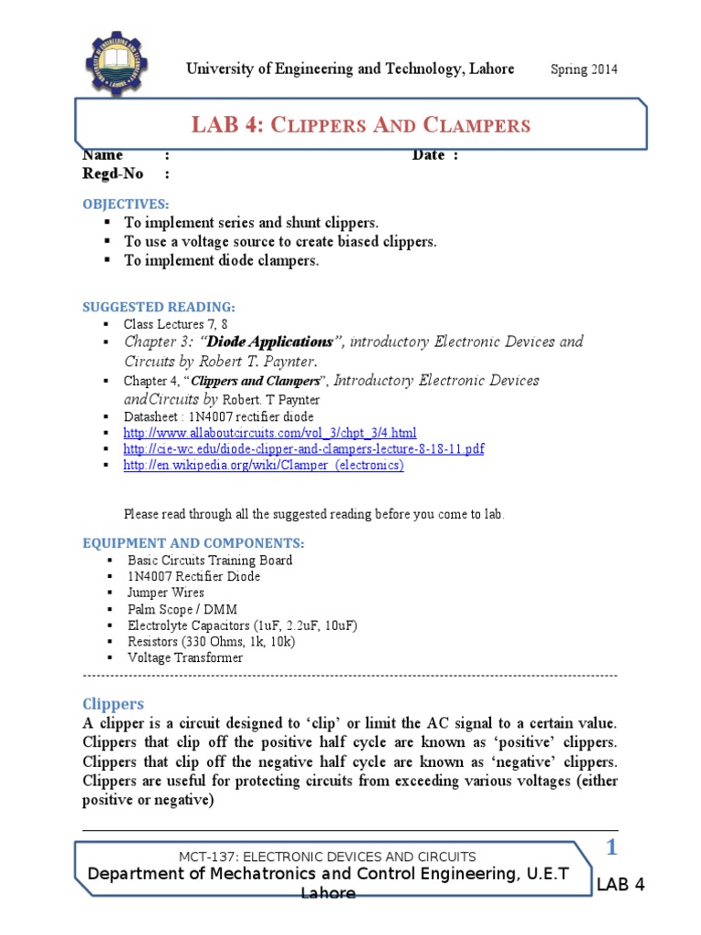 Lab 4: Clippers and Clampers Guide | PDF | Rectifier | Diode
