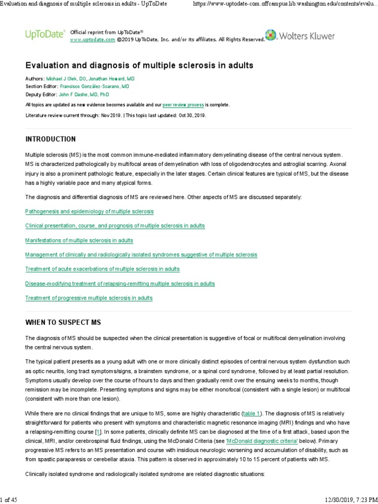 Evaluation and Diagnosis of Multiple Sclerosis in Adults - UpToDate ...