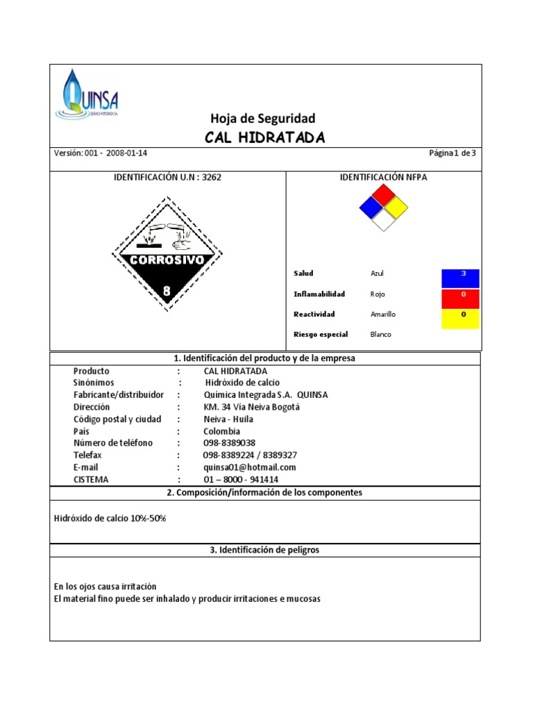Cal Hidratado PDF | PDF | Agua | Calcio