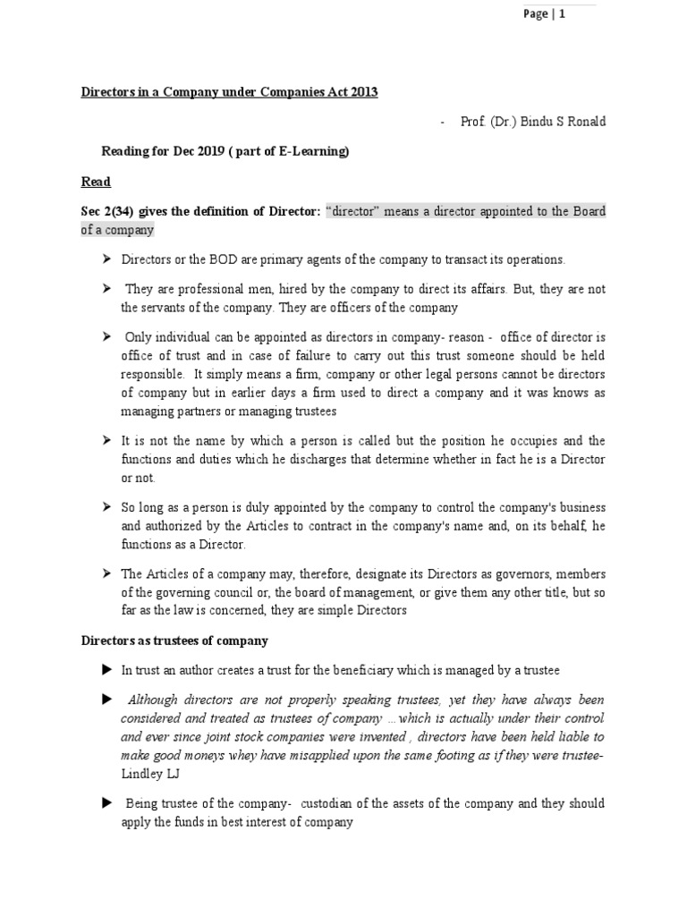 Directors in A Company Under Companies Act 2013 PDF Board Of