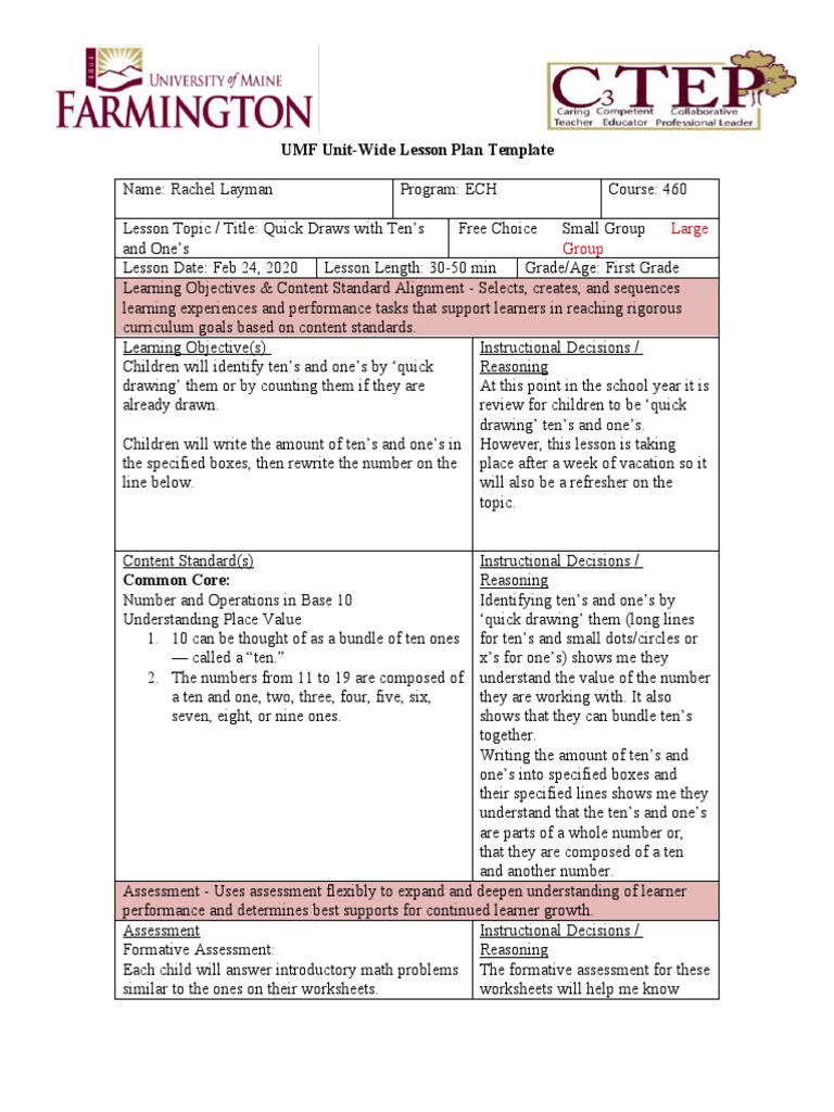 UMF Unit-Wide Lesson Plan Template: Large Group | PDF | Worksheet ...