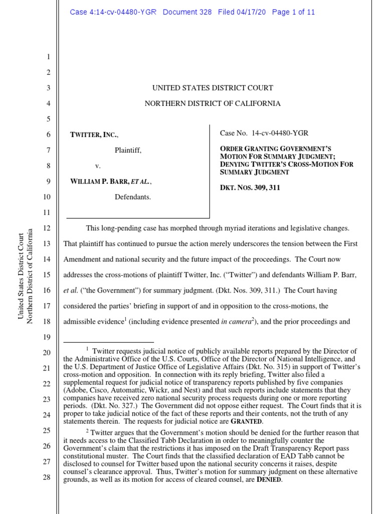 Twitter V Holder Barr PDF Summary Judgment Burden Of Proof (Law)