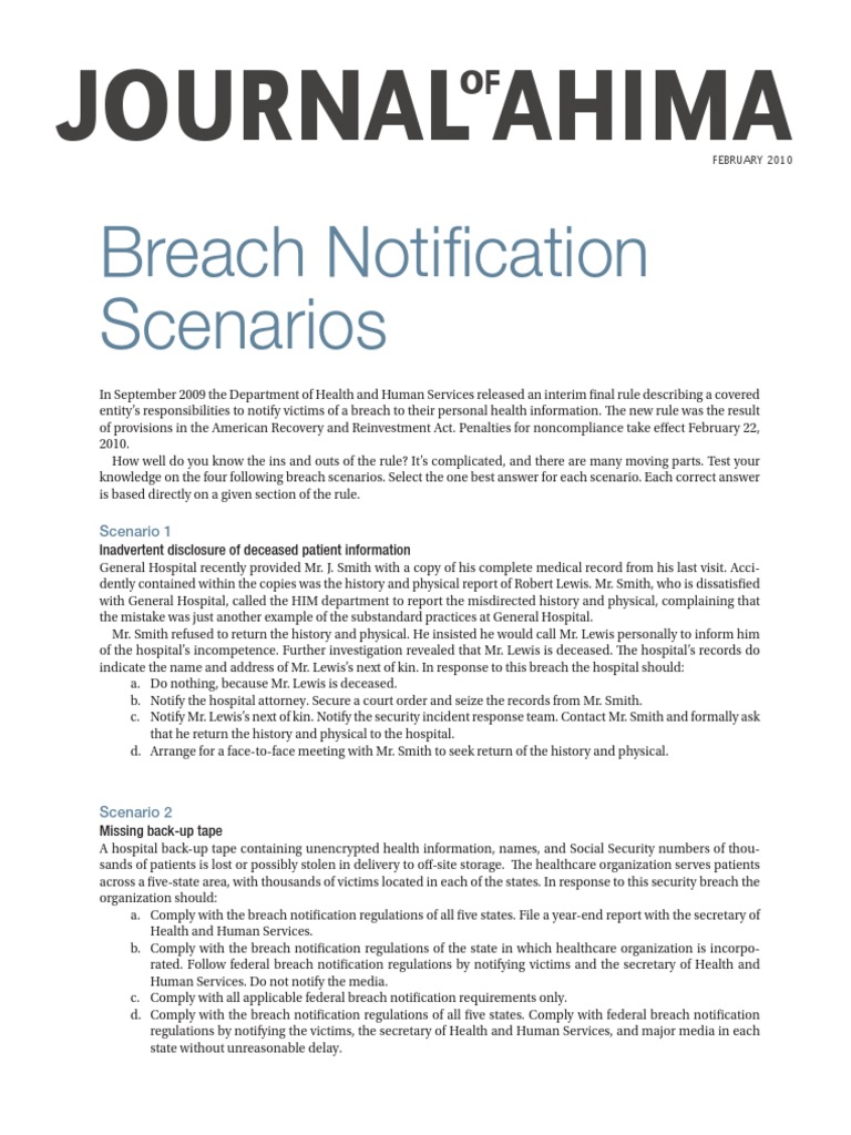 Breach Notification Scenarios: Journal Ahima | PDF | Federal Preemption ...