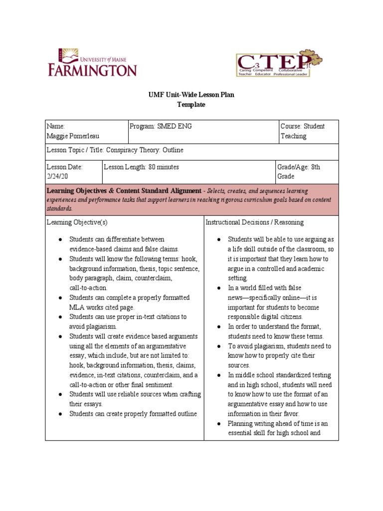 UMF Unit-Wide Lesson Plan Template | Download Free PDF | Educational ...