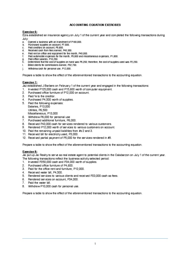 Accounting Equation Exercises for Students | PDF | Corporations ...
