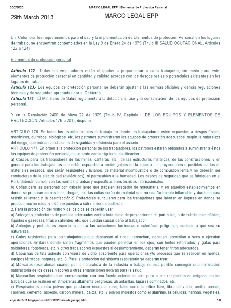 MARCO LEGAL EPP Elementos de Proteccion Personal PDF Lentes
