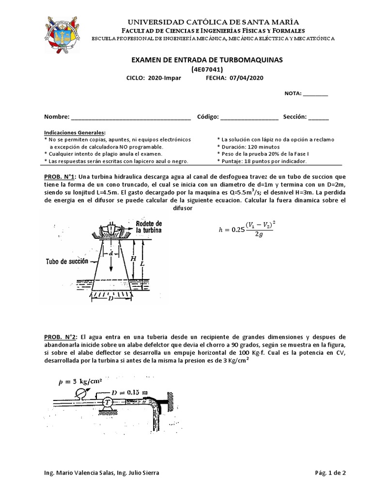 Examen de Entrada en Turbomáquinas 2020 | PDF | Tecnologías de gas ...