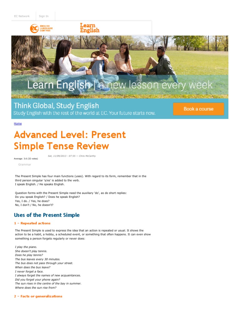 Advanced Level - Present Simple Tense Review - Learn English | PDF ...
