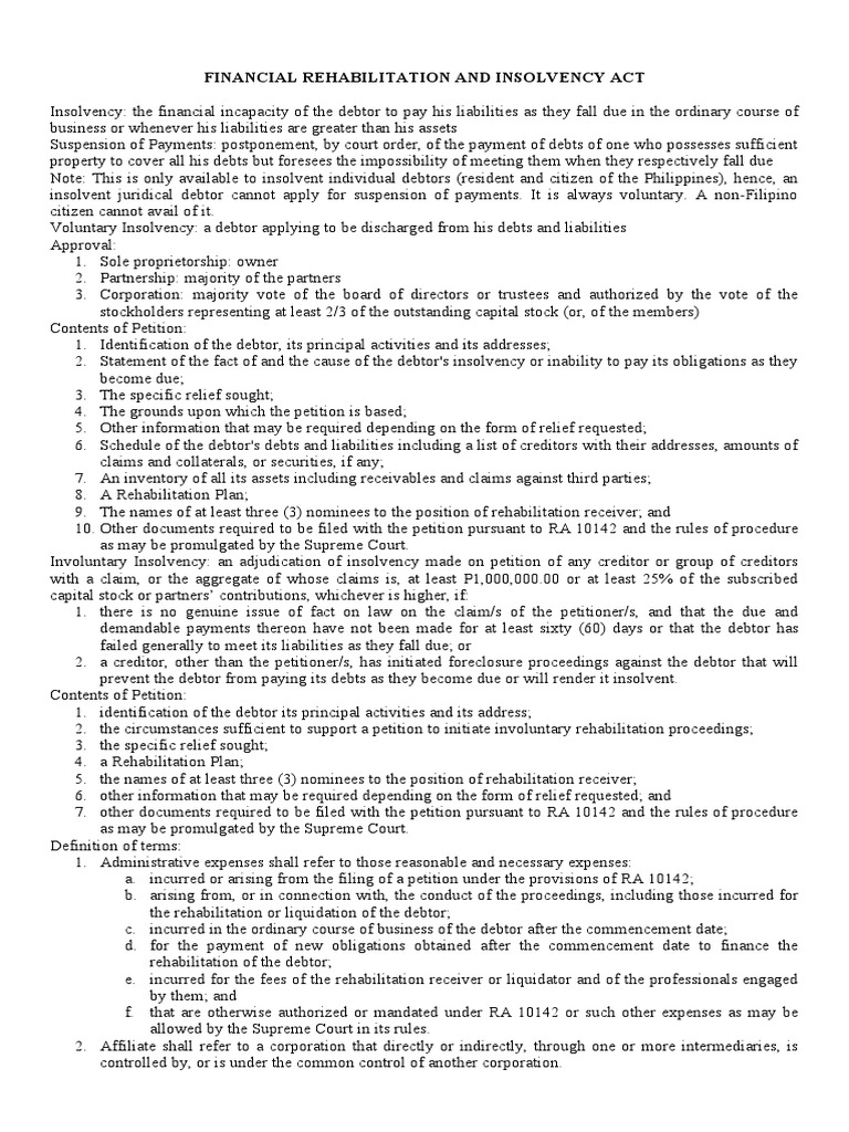 Notes On FRIA Atty. Domingo | PDF | Insolvency | Bankruptcy