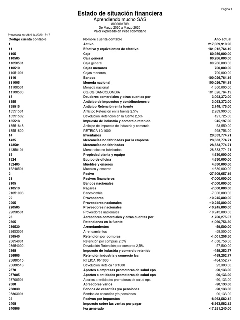 Estado de Situación Financiera | PDF | Contabilidad | Business