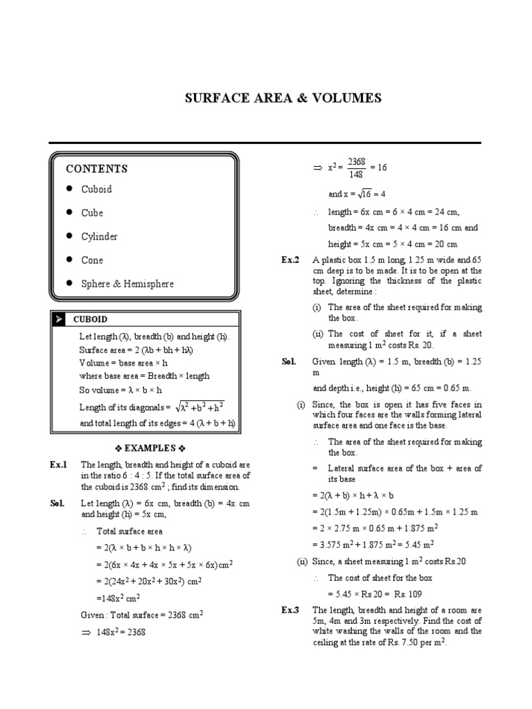 Surface Area & Volumes: Cuboid Cube Cylinder Cone Sphere & Hemisphere ...