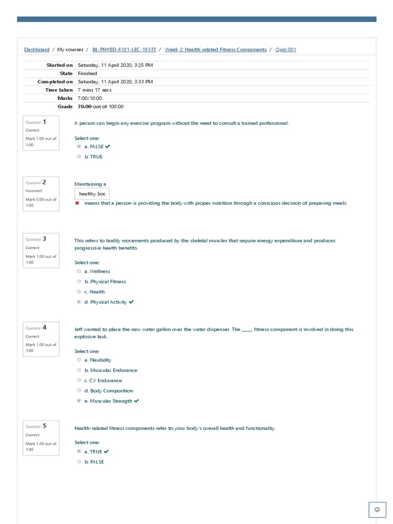 Quiz 001 Attempt Review PDF Physical Fitness Flexibility (Anatomy)