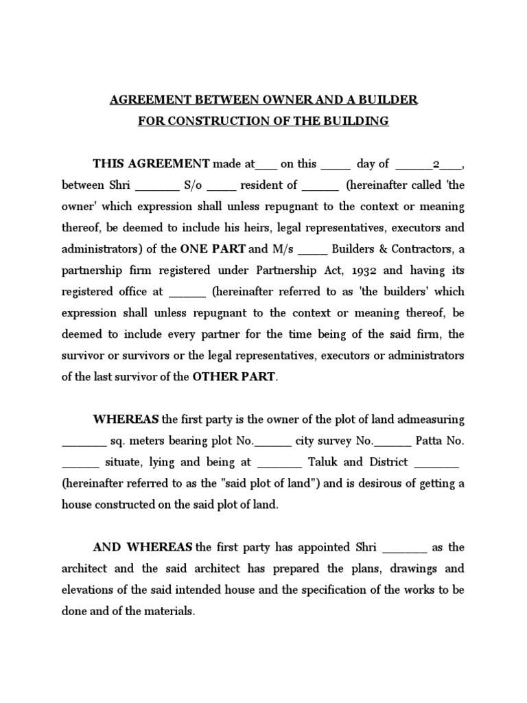 Agreement Between Owner and A Builder For Construction of The Building ...