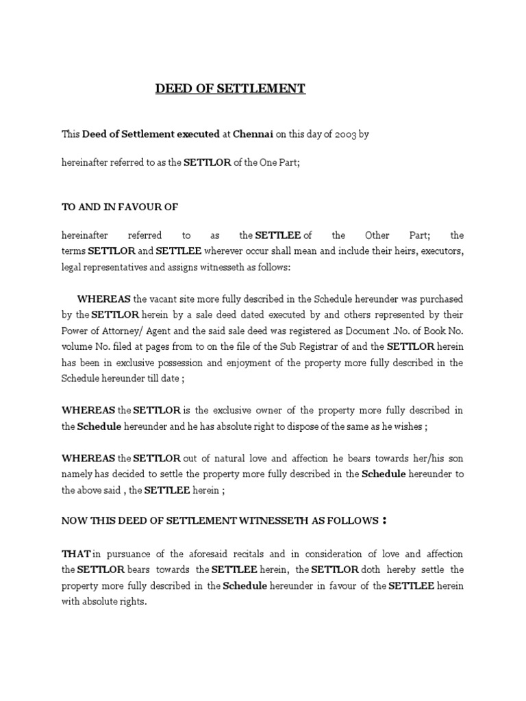Deed of Settlement PDF Deed Property