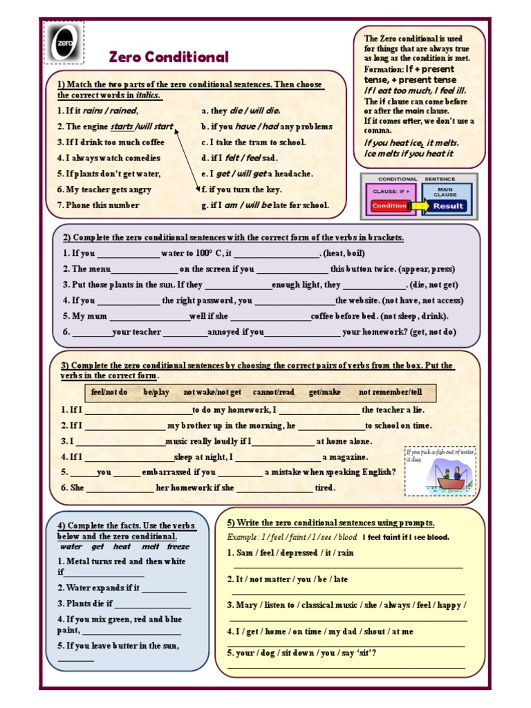Zero Conditional Worksheets and Exercises | PDF | Sentence (Linguistics ...