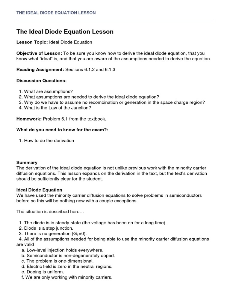 The Ideal Diode Equation Lesson PDF PN Junction Diode