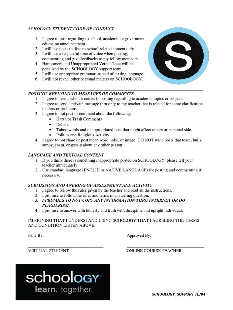 Schoology Student Code of Conduct | PDF | Teachers | Psychological Concepts