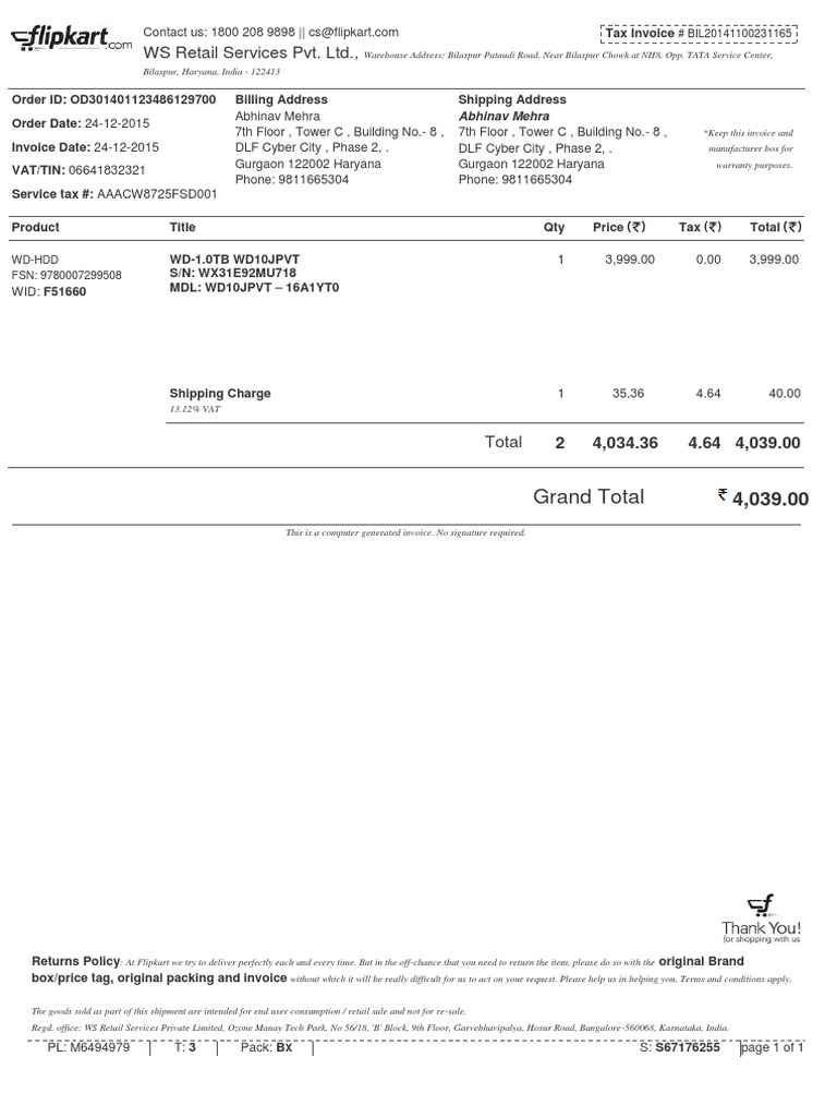 WS Retail Invoice for Abhinav Mehra | PDF | Value Added Tax | Economies