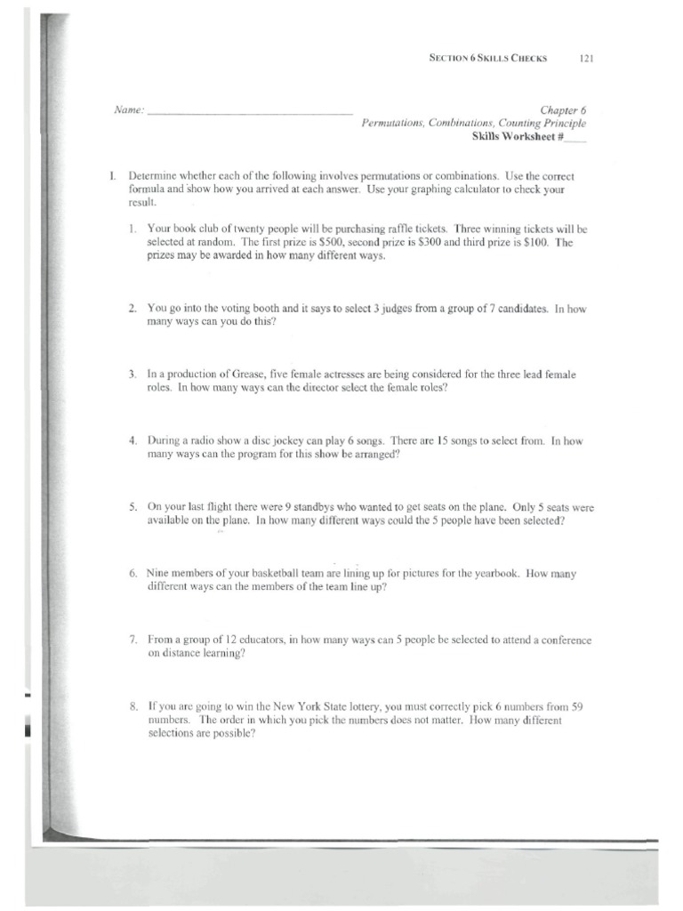 Skills Worksheet #: Name: Permutations, Combinations, Counting ...