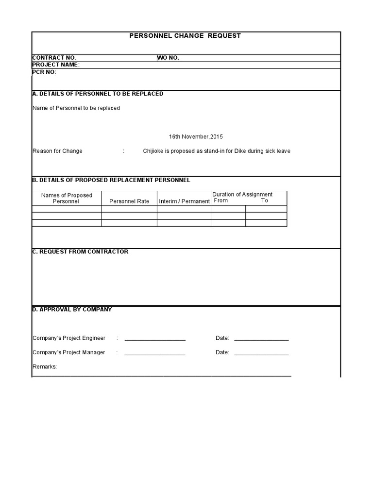 Personnel Change Request: Wo No. Contract No. Project Name: PCR No | PDF