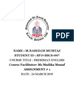 Name: M.Nabeegh Mumtaz STUDENT ID: SP19-BSCS-0007 Course Title: Freshman English