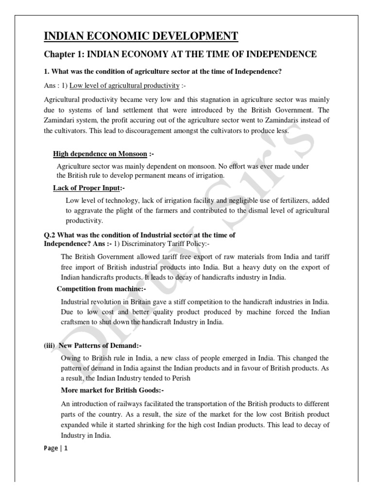 Indian Economic Development Chapter 1 Indian Economy at The Time of Independence PDF