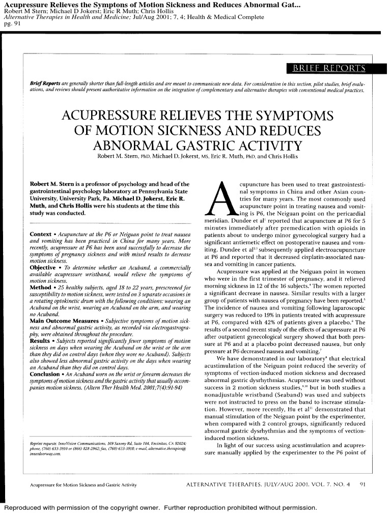 Acupressure relieves the symptoms of motion sickness and reduces