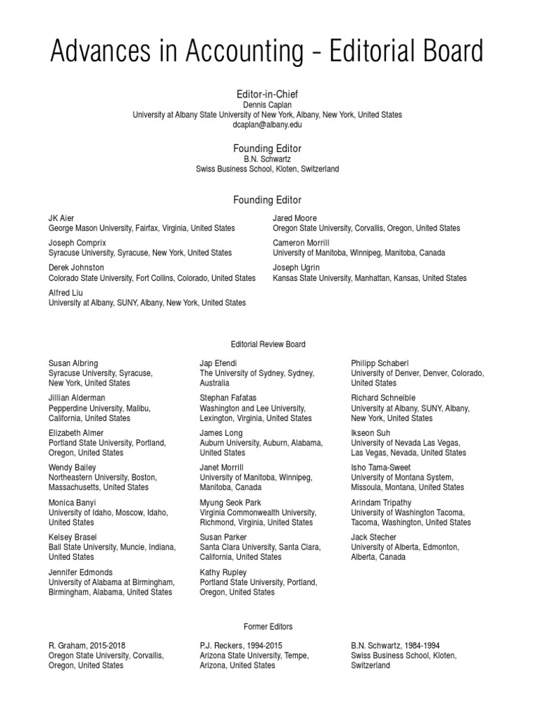 Advances in Accounting Editorial Board A Comprehensive Listing of the