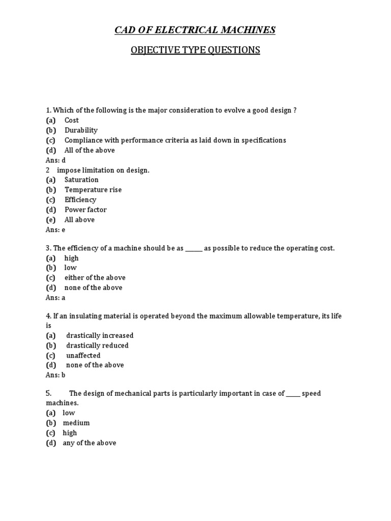 Cad MCQ PDF Transformer Electric Motor