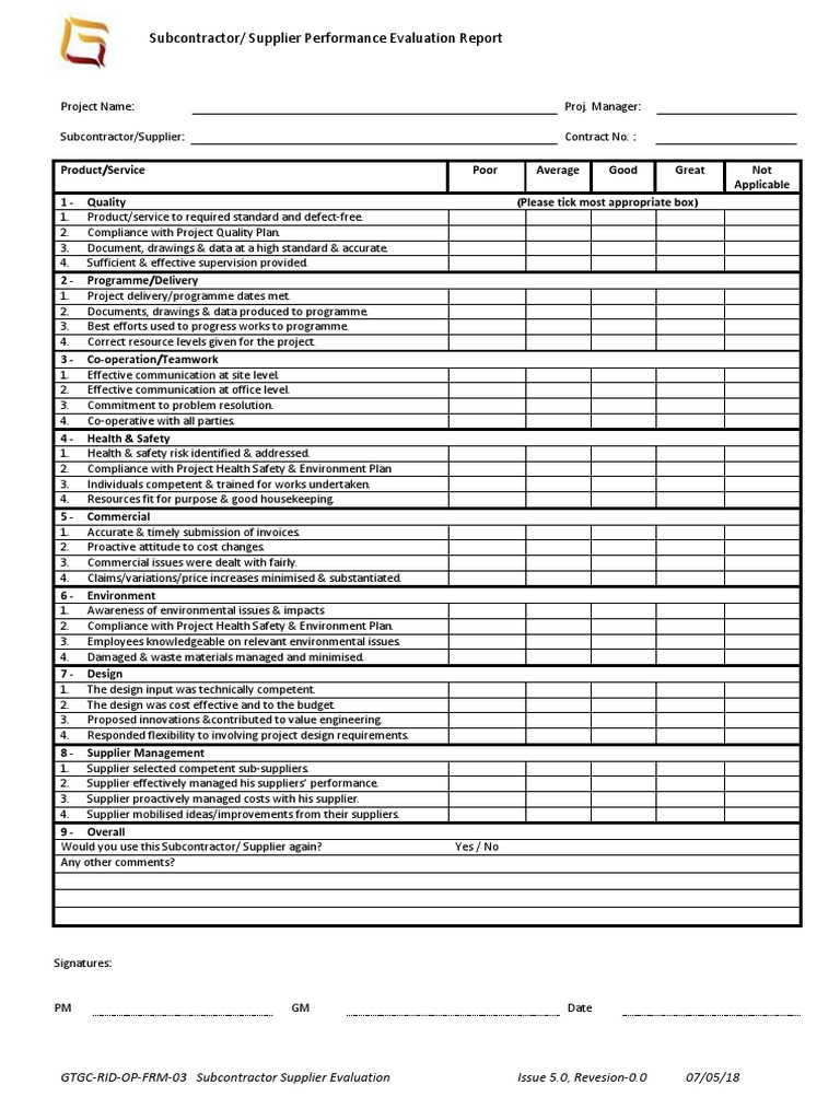 Subcontractor Performance Evaluation Report | PDF | Regulatory ...