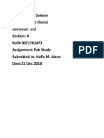 Name: Nimra Saleem Program: B.ed (Hons) Semester: 3rd Section: A Roll# BSF1701473 Assignment: Pak Study Submitted To: Hafiz M. Abrar Date:21 Dec 2018