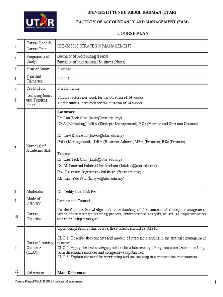 Course Plan: Universiti Tunku Abdul Rahman (Utar) Faculty of ...